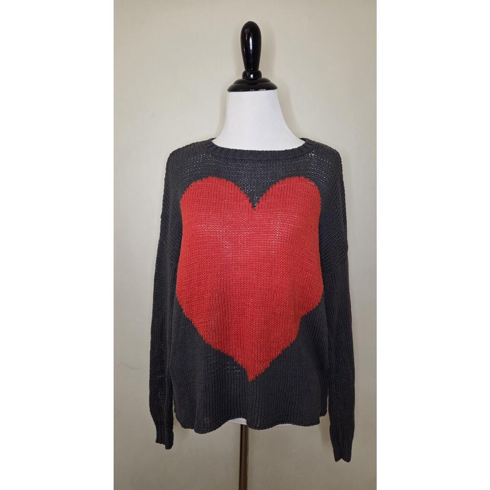 Wooden Ships Paola Buendia Loose Knit Cotton Blend Heart Sweater Wms XS/S Gray